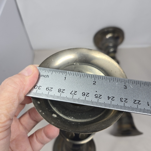 Pair of Vintage Solid Brass Etched Large Candle Holders Wide Bass Oxidation Tone - Picture 12 of 14